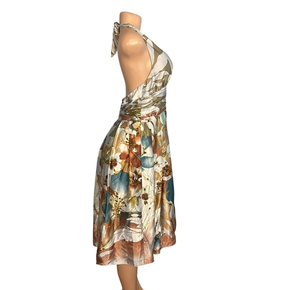Adrianna Papell Occasions Floral Silk Halter Beaded Dress Brown & Blue - Picture 6 of 13